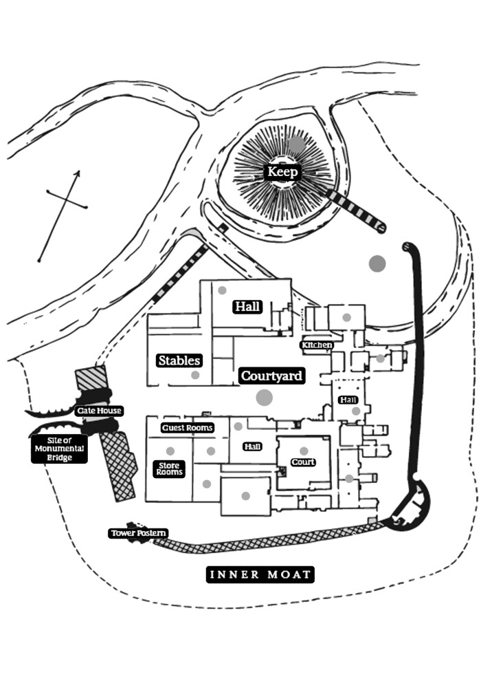 Sketch of the castle layout, with the courtyard, the curtain wall, the gatehouse and the motte