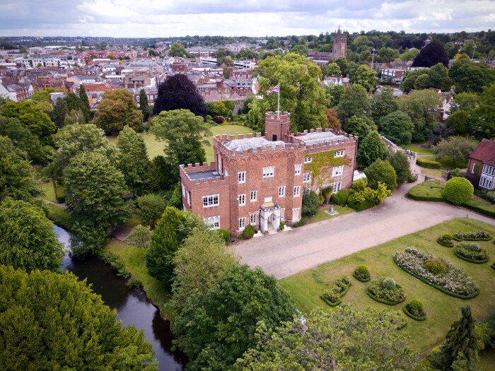 A bird's eye view of Hertford Castle, the River Lea and the rose gardens.