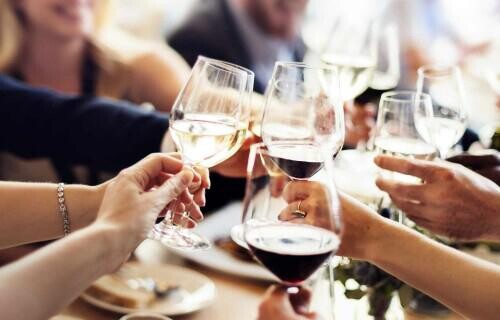 A close up of a group of people toasting with wine glasses