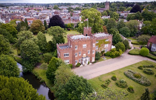 A bird's eye view of Hertford Castle, the River Lea and the rose gardens.