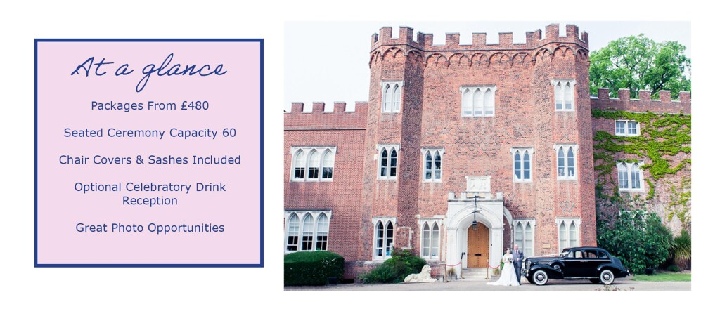 at a glance box detailing Packages from £480, seated ceremony capacity 60, chair covers and sashes included, optional celebratory drink reception, gr