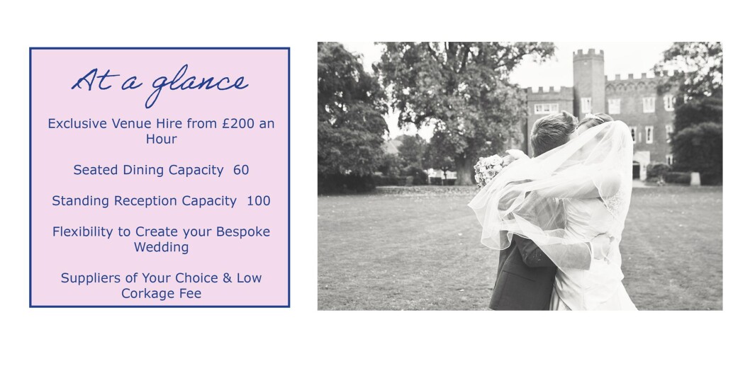 at a glance box detailing exlclusive venue hire from £200 an hour, seated dining capacity 60, standing reception capacity 100, flexibility to create