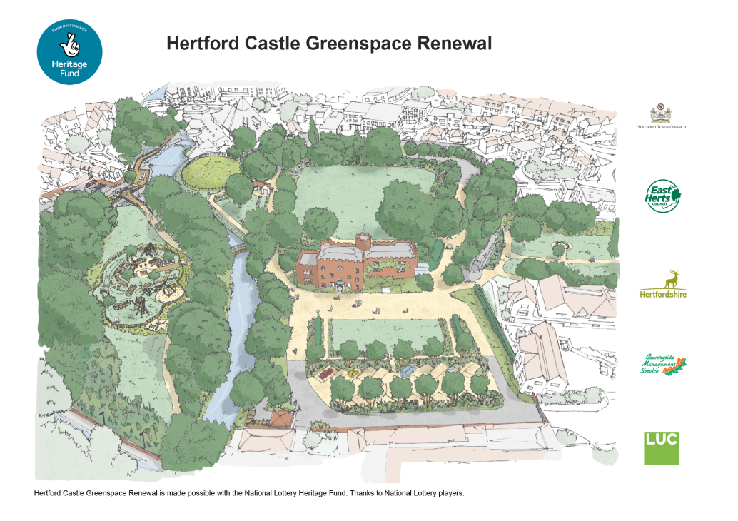 Hand-drawn illustrative sketch showing Hertford Castle, the motte, the River Lea, the island, proposed bridges, upgraded pathways, seating areas, plan