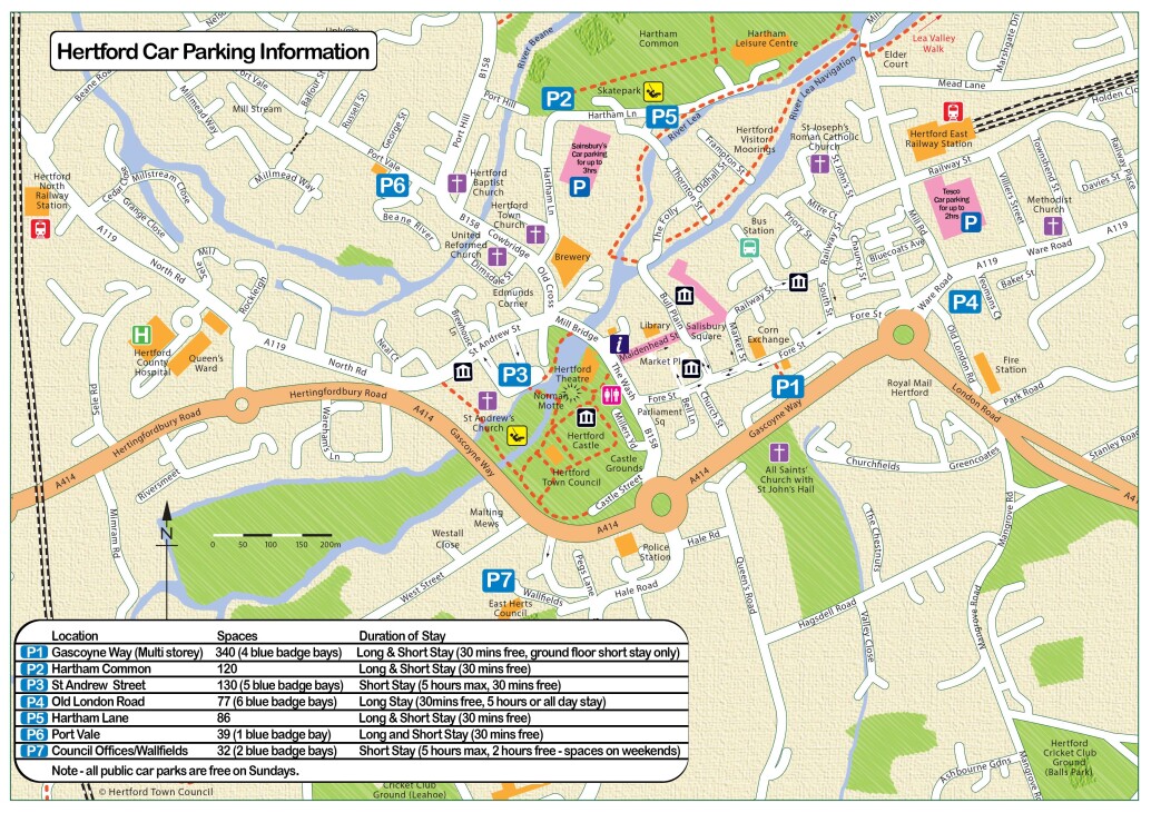 A map of Hertford showing where the car parks are