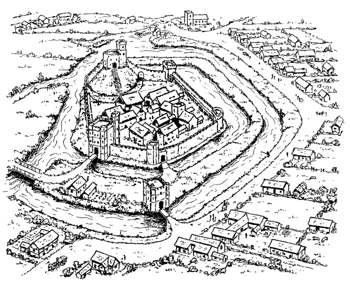 A black and white drawing of the castle with the river Lea the moat, the gatehouse and the inner Bailey