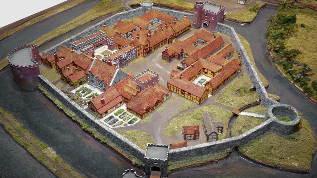 Model of the inner bailey of Hertford Castle including the gatehouse and the round tower, the flint curtain wall and the motte