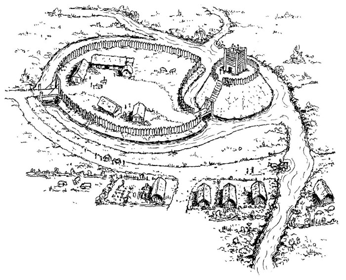 A black and white drawing of the castle with the motte on the hill, the river Lea and the original castle with wooden fences