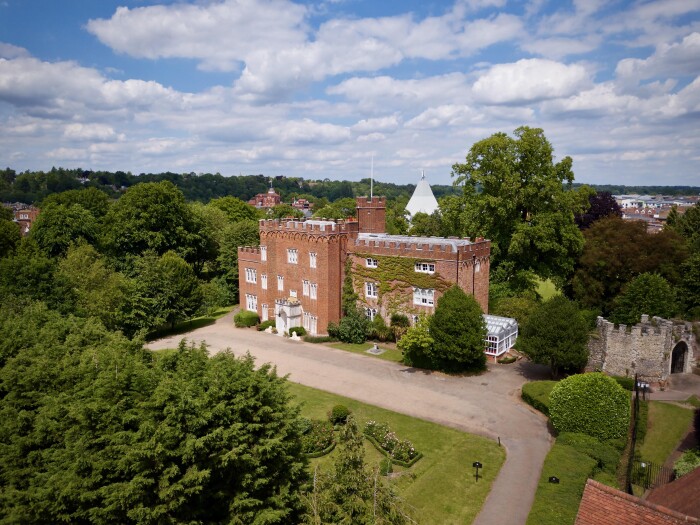 A bird's eye view of Hertford Castle, the conservatory, and the flint curtain wall