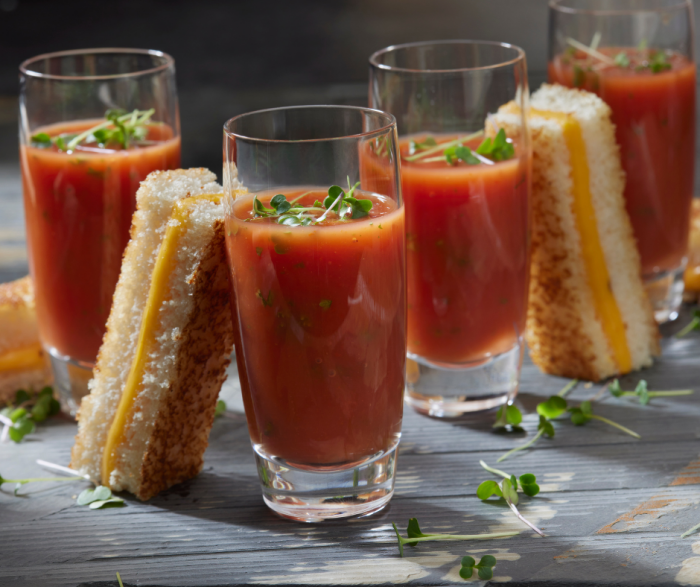 Mini Cheese Toast Sandwiches and Tomato Soup Shooters
